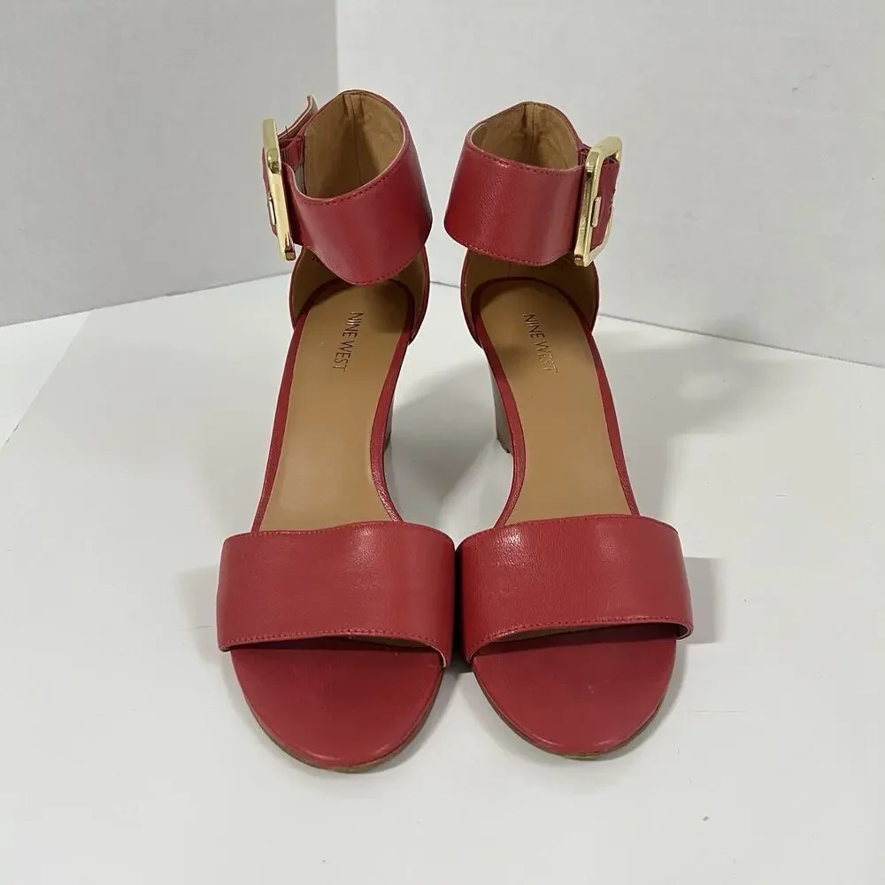 Nine West Sandals Women US 9 Orange Narcissus Leather Wedge Ankle Buckle